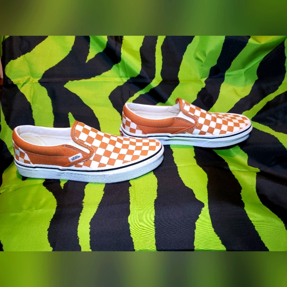 Vans Classic Slip ons - checkered print - mustard yellow/brown -women's size 8.5